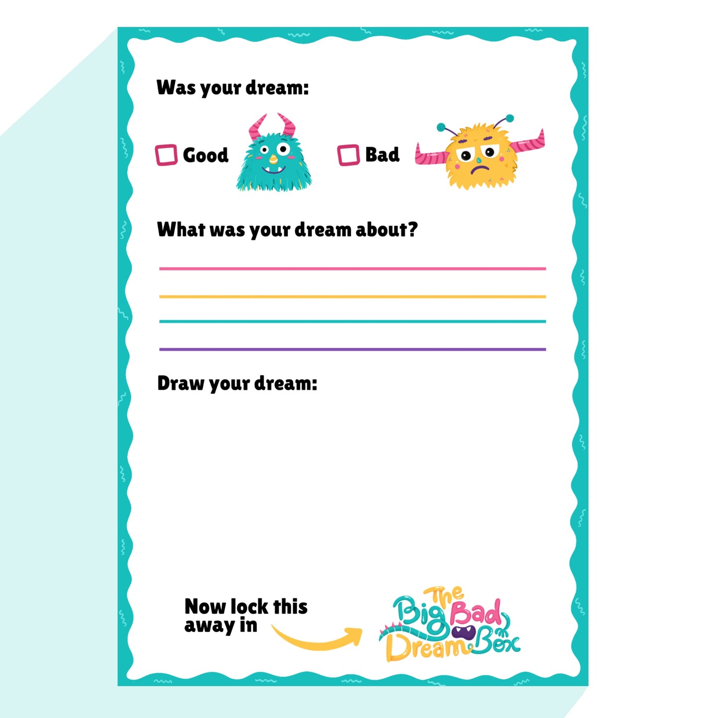 Children's dreampad refill with cartoon monsters and text prompts on a light blue background