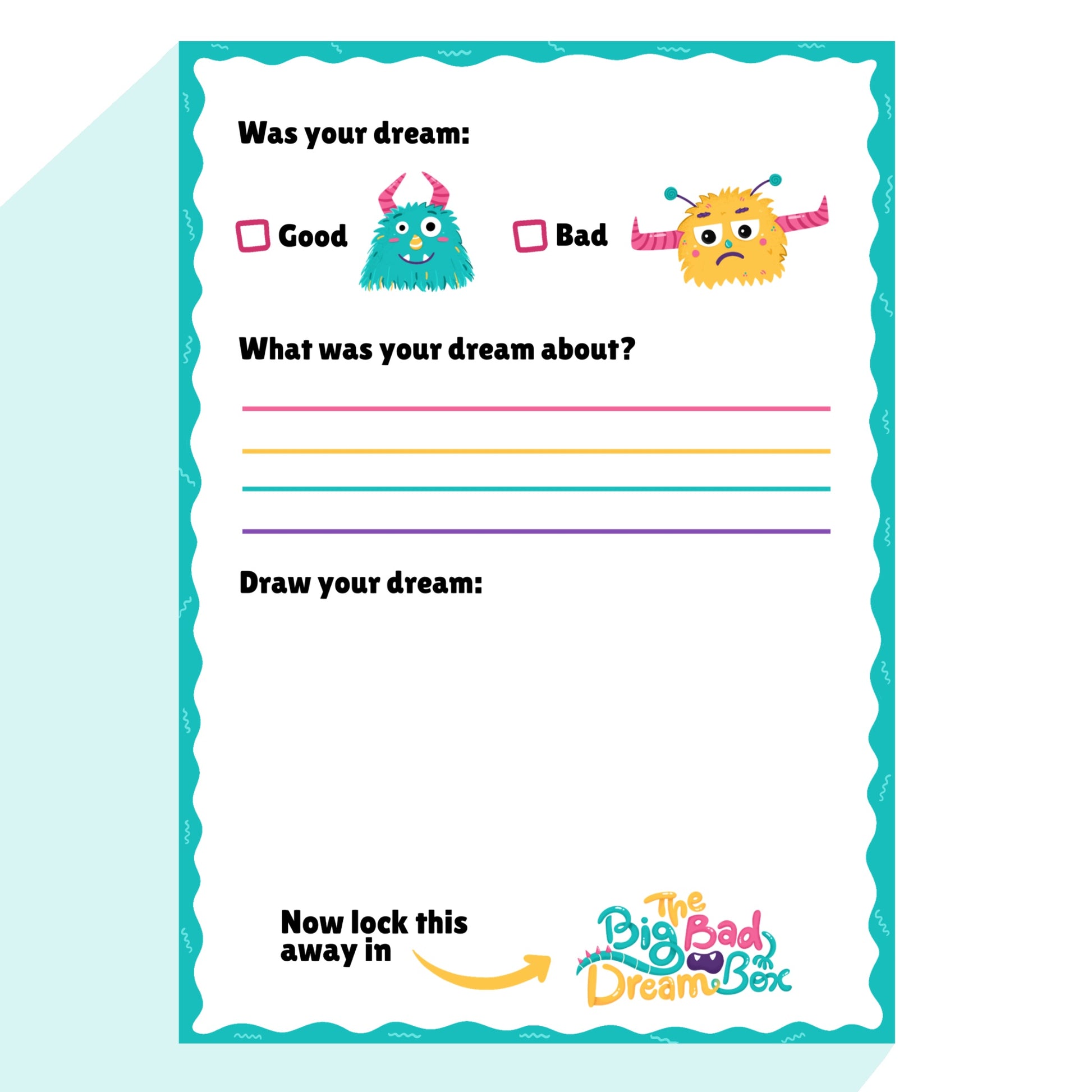 Children's dreampad refill with cartoon monsters and text prompts on a light blue background
