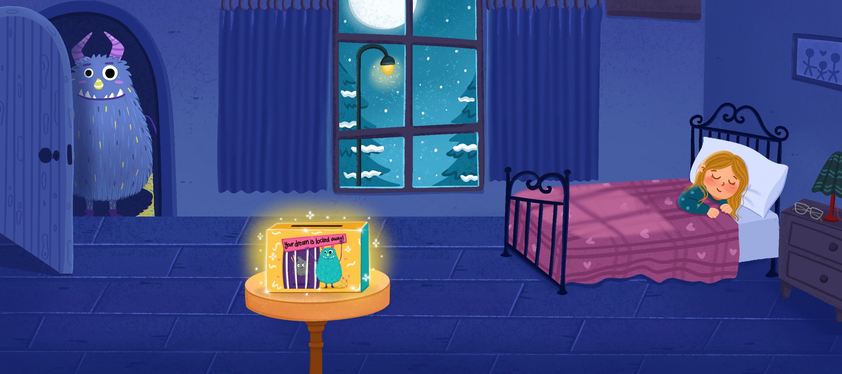 Cartoon scene of a child in bed with a monster peeking from behind a door
